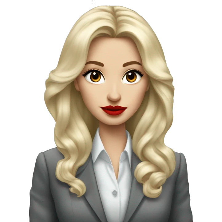 Russian Blonde long hair with red lips small nose and black eyes Tiffany diamond seller in a grey suit emoji