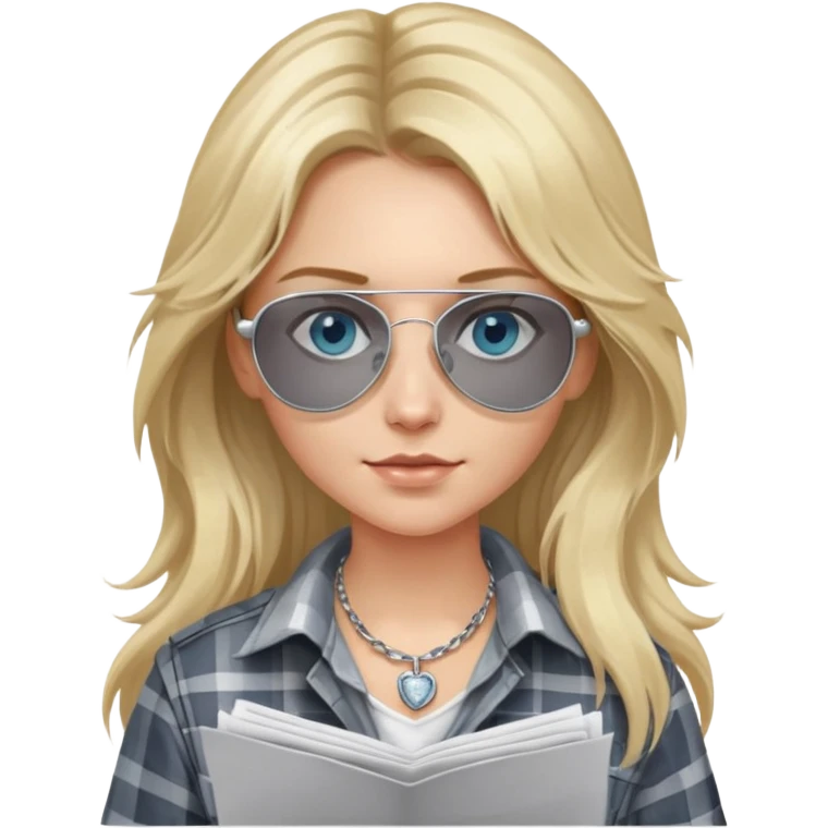 girl with long blond messy hair wearing grey plaid shirt with blue eyes and aviator sunglasses wearing a ring on her silver necklace, holding lawyer papers emoji