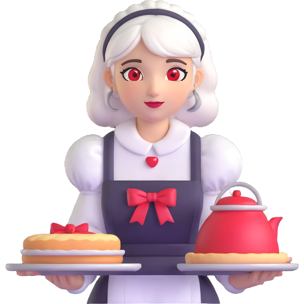 Alpha, a member of Shadow Garden, with her white hair, red eyes, and maid outfit, holding a tray. emoji