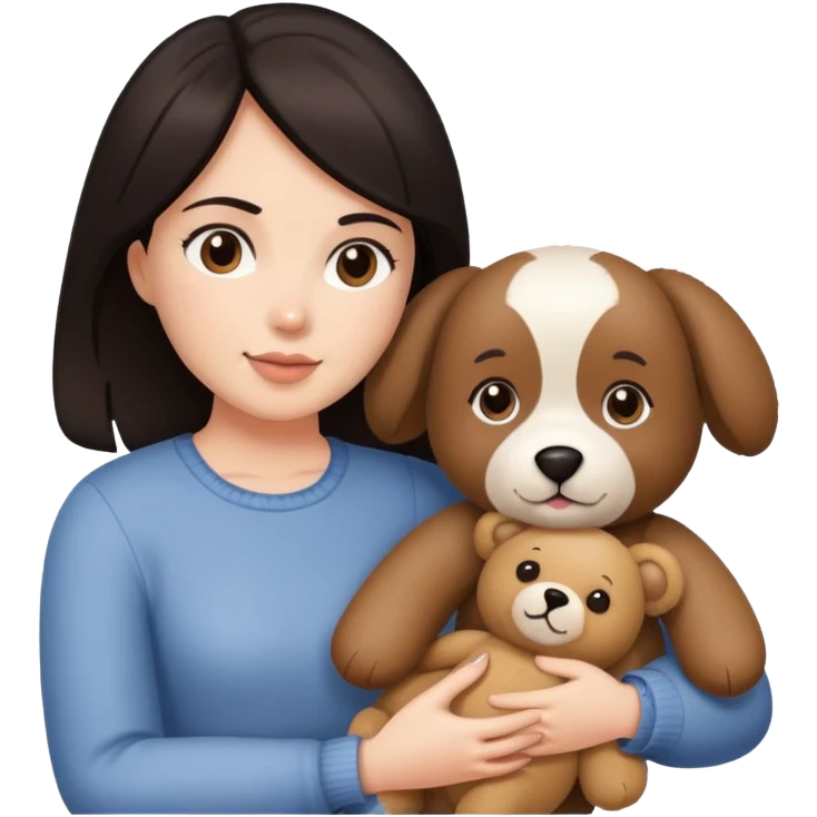 Woman with dark hair holding a teddy bear and pets emoji