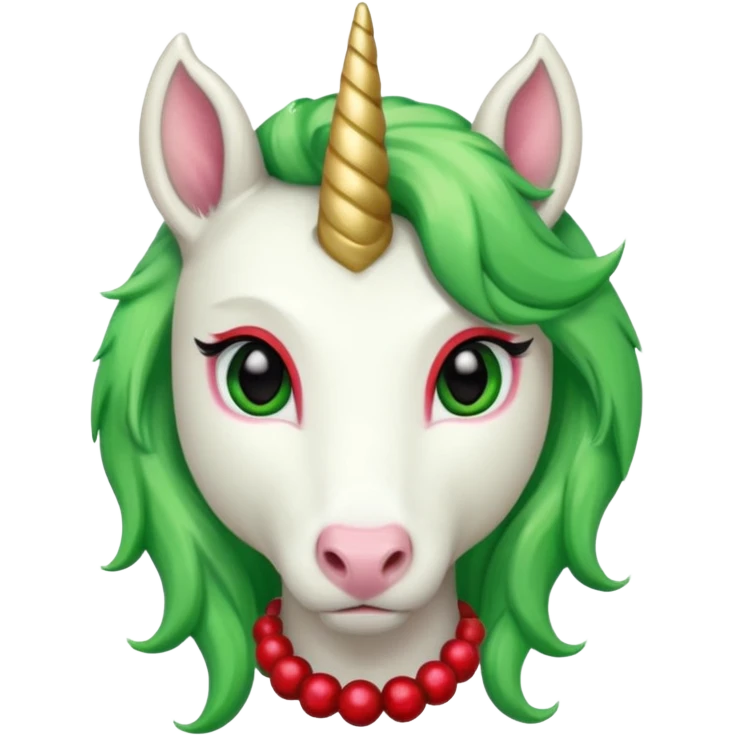 white furred unicorn with green hair and big red earrings looking into camera and big horn emoji