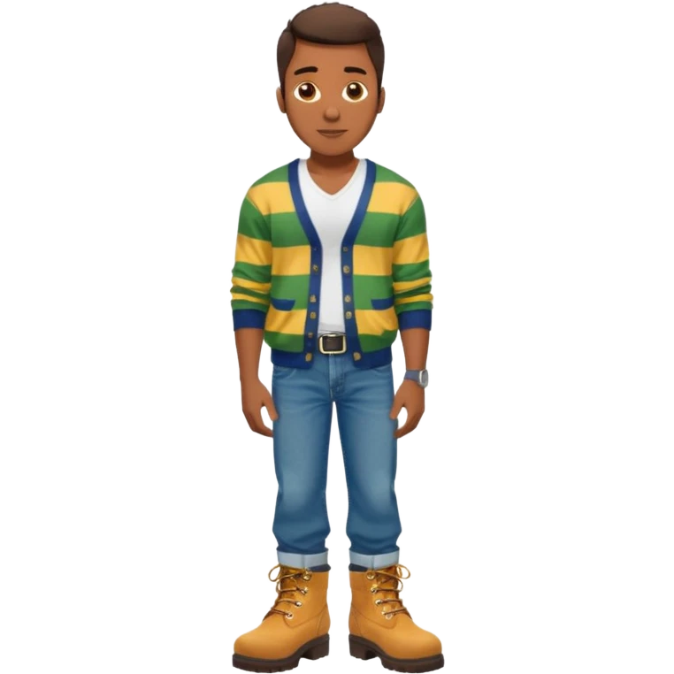 Handsome Black guy with brown skin tone, with lean muscular build, wearing baggy blue jeans, a white v-neck t-shirt, a yellow and green striped cardigan sweater, and timberland boots  emoji