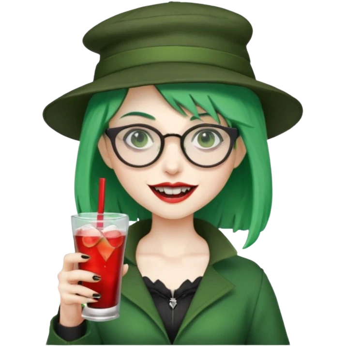 vampire green hair Drink holders with hat, wearing glasses, female,,teeth looks like vampire emoji