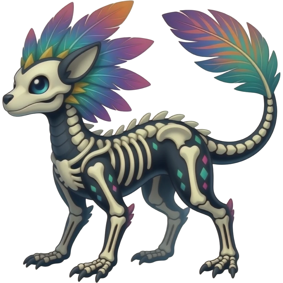 Rare colorful gradients colored realistic dark edgy glossy shiny tropical tribal patterned feathery skeletal badass epic pretty beautiful handsome gorgeous aesthetic colorful vibrant Vernid-Trico-species-Fakemon-creature by LiLaiRa, 4 legs, 1 tail, random markings, (full body) emoji