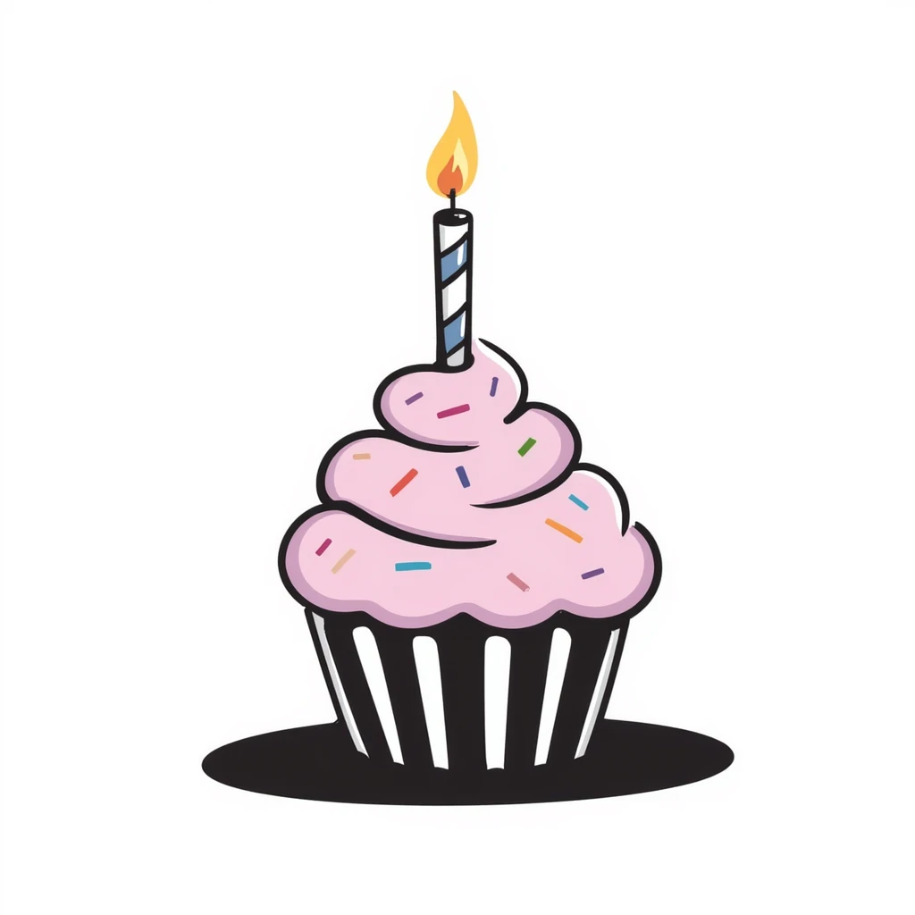 A single decorated birthday cupcake with swirled frosting, colorful sprinkles, and a lit candle on top. Using pastel colors (pink, light blue, lavender, peach). Hand-drawn doodle style with festive details. Cute celebratory design. emoji