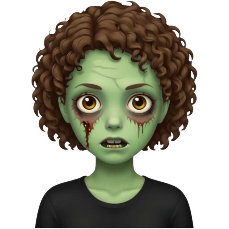 Zombie girl emoji verde um pouco escuro com cabelo curto cacheado castanho no ombro com uma blusa preta emoji