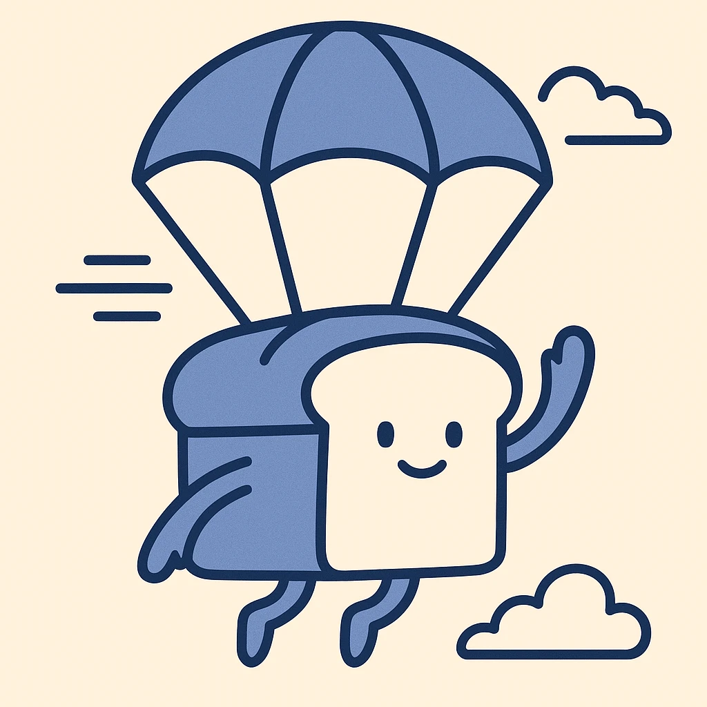 a whimsical loaf of bread descending from the sky with clear motion and blue sky background emoji