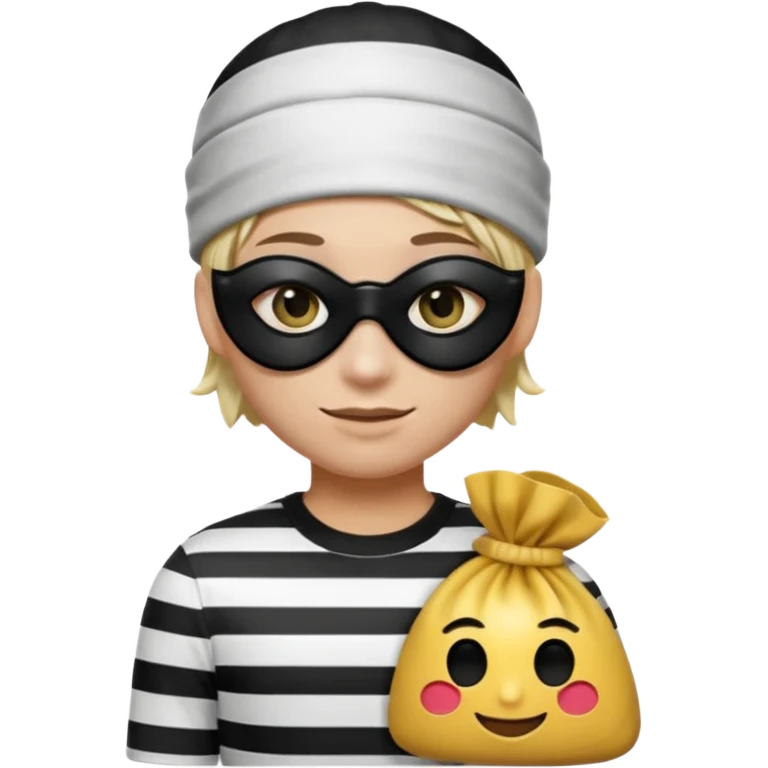 Realistic ios emoji-style portrait of a classic burglar, a black eye mask and a black-and-white striped shirt. Highly detailed, natural skin texture, realistic shadows, smooth gradients, glossy reflections in the eyes. emoji-like hair, black hat, an emoji bag of money in a right corner  emoji