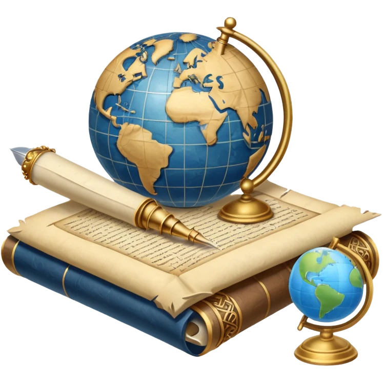 An icon featuring an ancient scroll, a quill pen, and a globe, symbolizing the study of history. The design includes a timeline with significant historical events, with ruins in the background to evoke past civilizations. Transparent background emphasizes the exploration of human history emoji