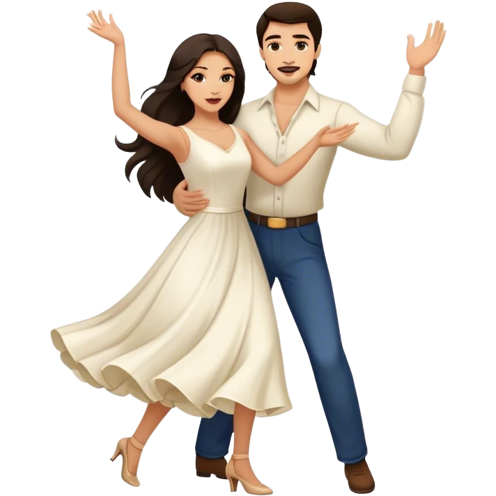 Beautiful woman in 1950’s woman fashion look, white dress, long dark brown hair, balboa couple dance  emoji