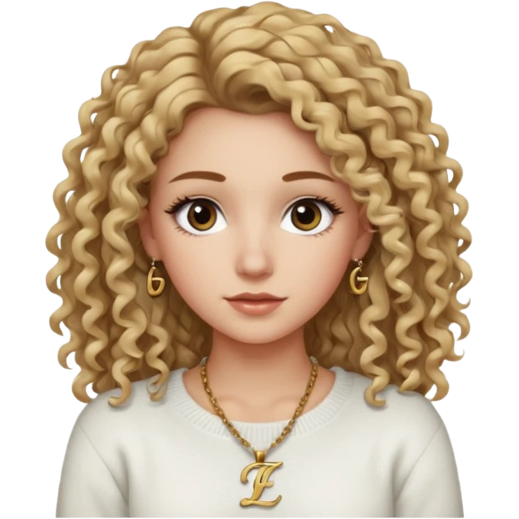 a dirty blonde girl with brown eyes and make her wearing a white sweater and a necklace with I intial with curly hair and white skin color, long hair and big lashes emoji