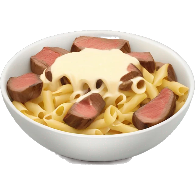 bowl of pasta with cream sauce and steak in top emoji