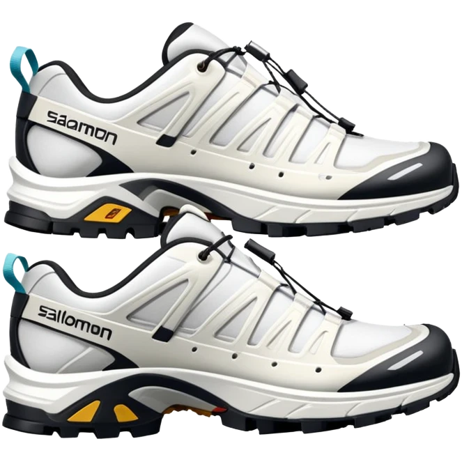 Super simplified pair of white Salomon XT-6 shoes, flat design iOS emoji style, minimal approach with only the most essential details, one positioned behind the other emoji