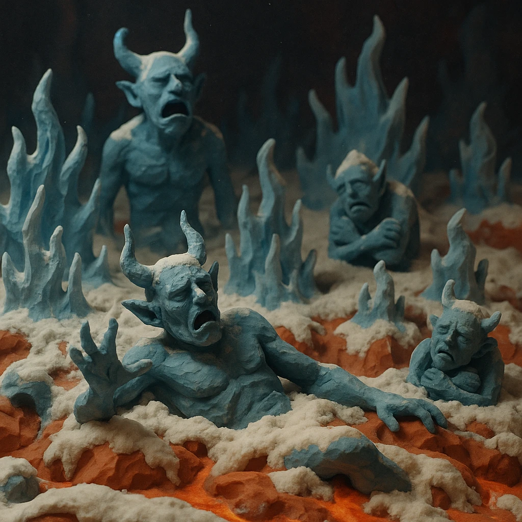 a dramatic scene of hell freezing over, with icy flames, frozen demons, and snow-covered lava, in claymation style, highly detailed, atmospheric emoji