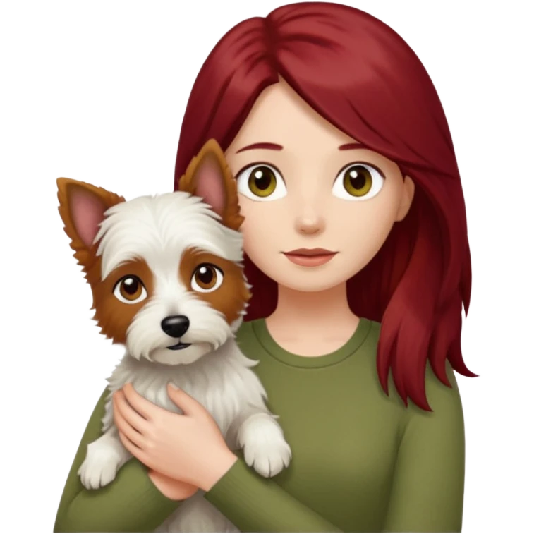 white terrier dog being held by woman with dark red long hair and hazel eye wearing olive green top emoji