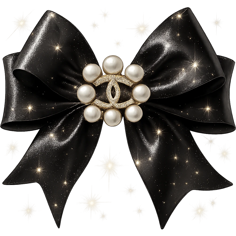 Add sparkling effects to the elegant bow with pearls and gold Chanel logo, glossy, black and white, realistic style, with a solid white background. The image should have a clean and solid white background to highlight the sparkling and glossy details in black and white. emoji