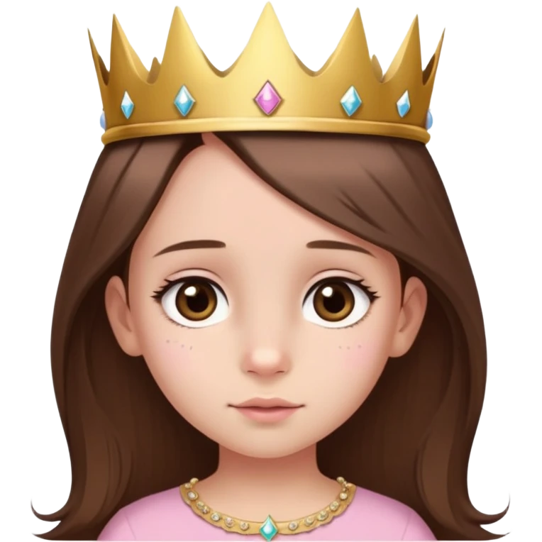 girl with straight long brown hair, brown eyes, baby pink top, gold crown on her head, small birthmark next to her nose on the left, birthday vibe emoji