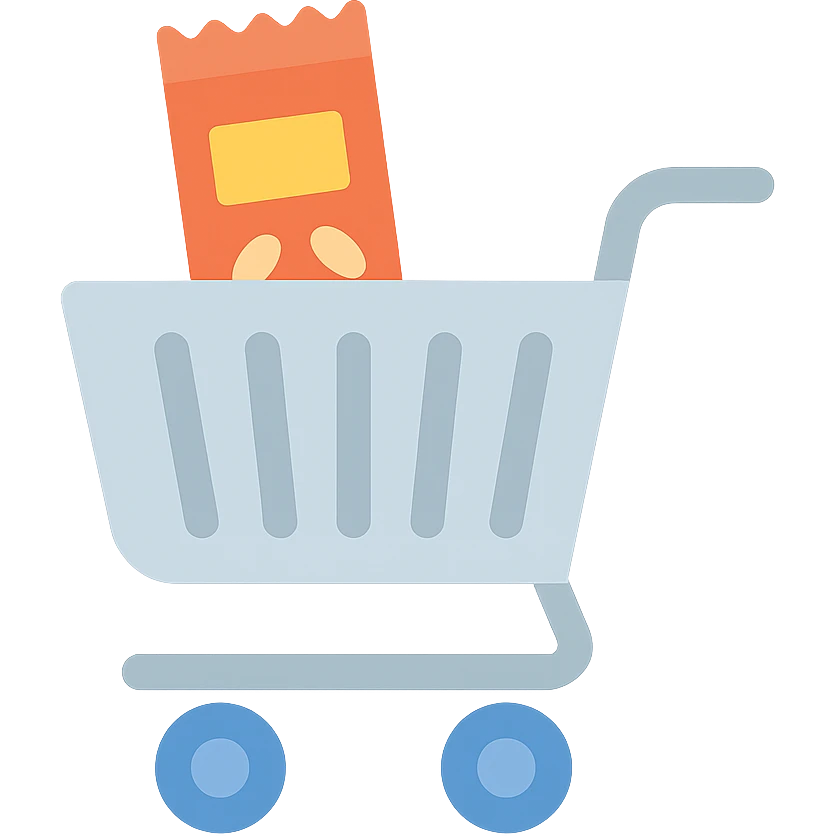 Shopping cart with a digital snack bar inside, minimal flat emoji style emoji