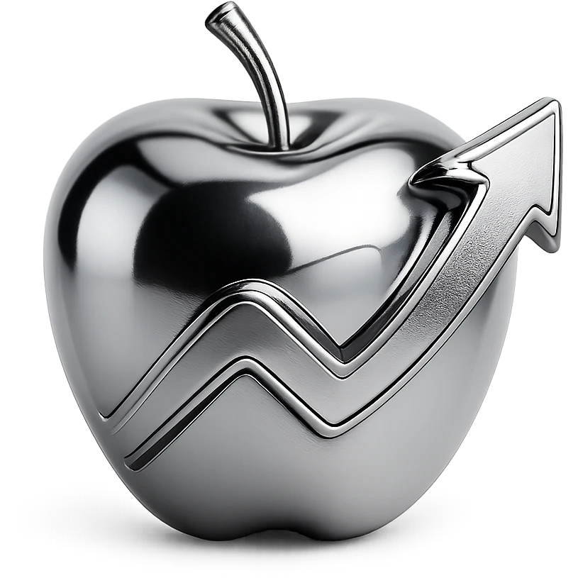 stylized chrome apple with a rising arrow, representing health improvement, futuristic and shiny emoji