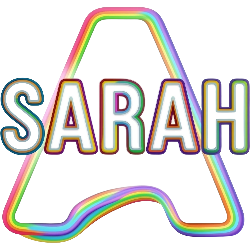 the name "Sarah " in white typography lettering, with each color of the rainbow as a border outline around each letter, isolated, 3d rendering, no emoji icons no emoji faces and must have no human figures emoji