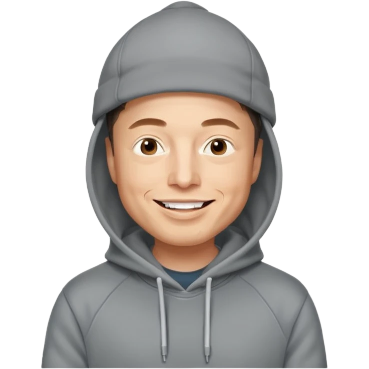 elon musk in gray hoodie full height, wear hoodie hat, happy emoji