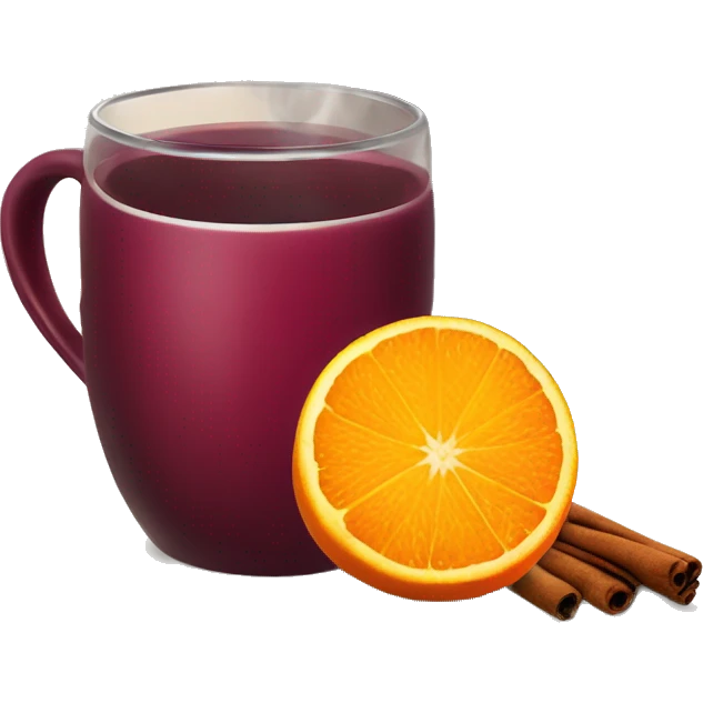 A Christmas mug of hot mulled wine, steaming with a cinnamon stick outside and an orange slice next to it emoji