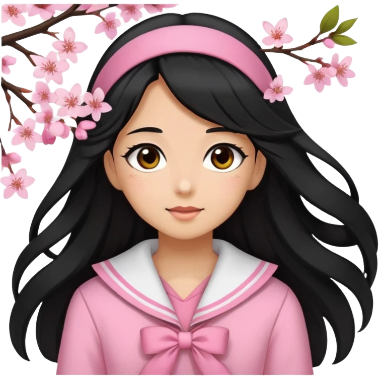  A girl with a Black long hair, and a Pink sailor suit, enjoying the spring breeze，Wearing cherry blossoms on your hair emoji
