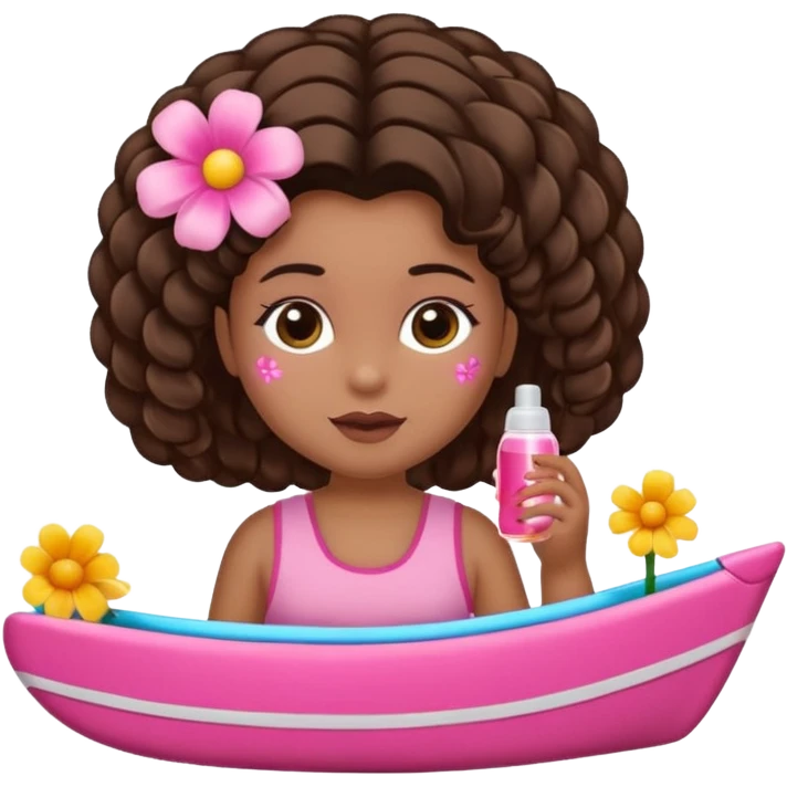 Uma menina com o cabelo cacheado com um Coque com baby hair, morena, e com uma regata rosa com um gloss na frente da regata ,com unha em gel,e com dinheiro na mão ,e com flores na outra mão,  emoji