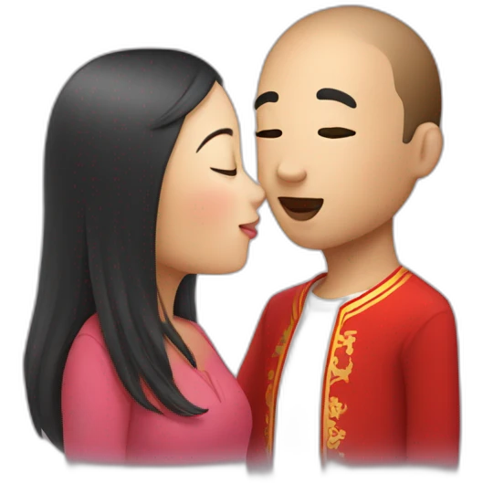 French guy and Chinese girl kissing emoji