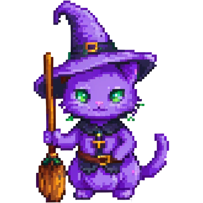 purple witch cat with a broom emoji