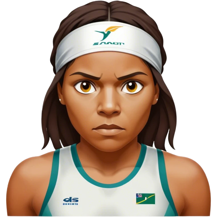 Cinematic Realistic portrait of Cathy Freeman, shown as an iconic Australian athlete with a focused, determined expression and modern athletic attire accented with subtle native motifs, rendered in dynamic, vibrant lighting emoji