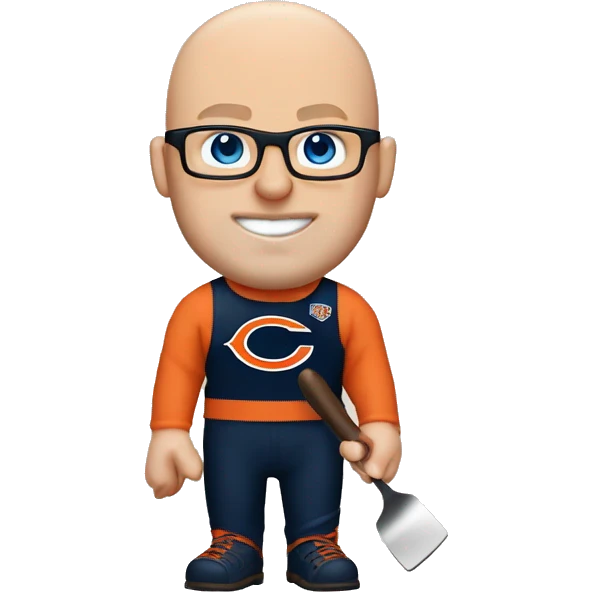 Bald man with glasses pale skin buff muscles blue eyes holding a steak and a spatula and wearing a Chicago bears shirt emoji