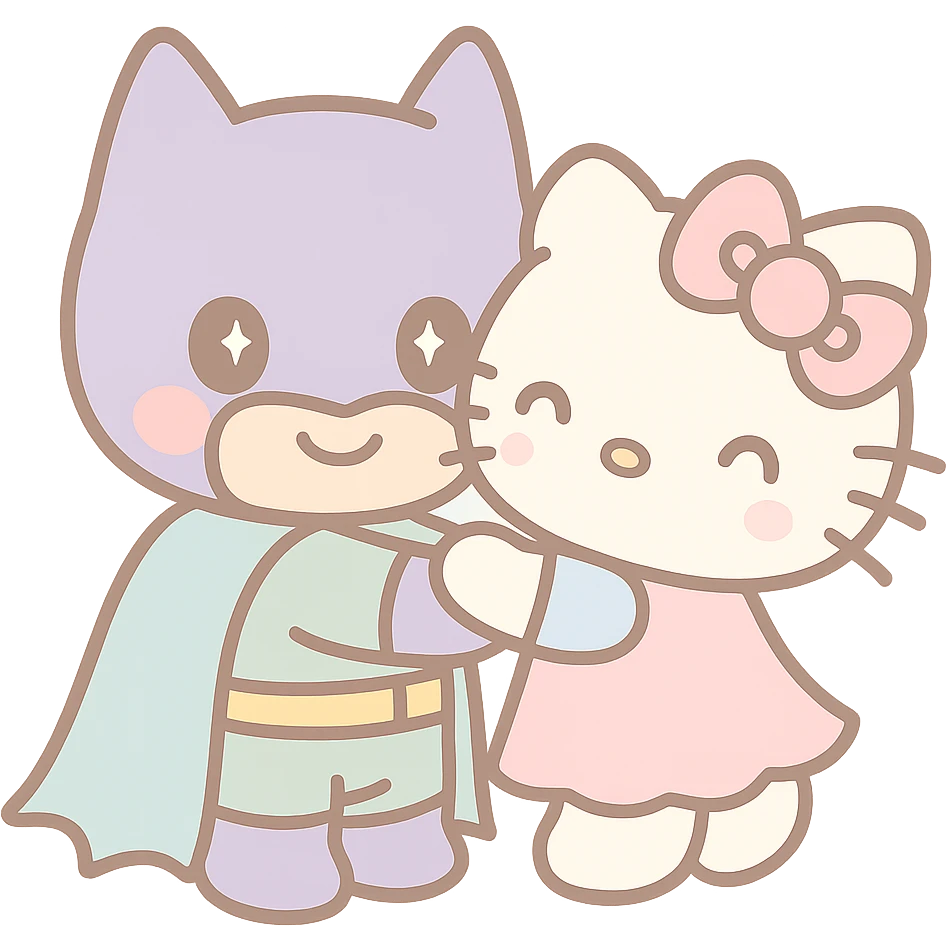 batman and hello kitty hugging, kawaii style, very cute emoji