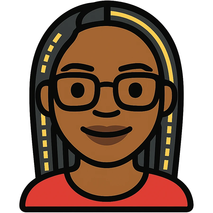 headshot emoji of Kemi Badenoch, glasses and braided hair, standing, minimal flat style, transparent background emoji
