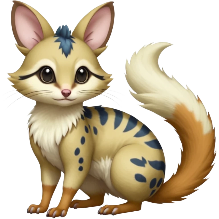  hyper-realistic natural realistic divine beautiful elegant pretty precious cute young youthful  Fakémon-Pokémon-alien-opossum-squirrel-feline-serval-caracal-chinchilla-Minccino-Cinccino-Meowstic-rodent-hybrid-creature with a big fluffy bushy tail (full body) emoji