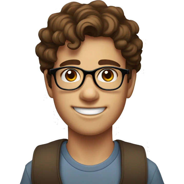 Boy (age 21) with brown hair, freckless near chin and glasses on, with less curles, and a more goofy smile emoji