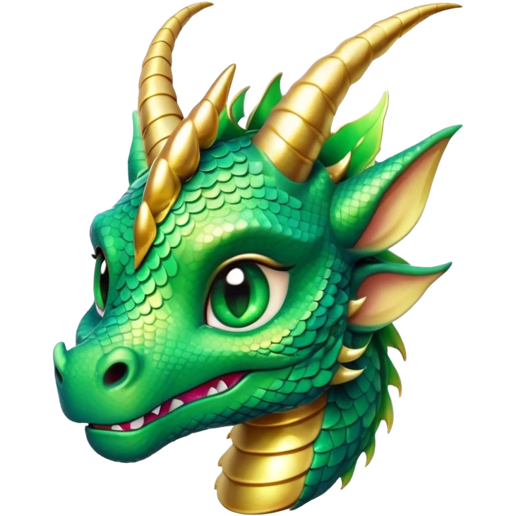 Cinematic Cute Dragon Portrait Emoji, Head tilted playfully and inquisitively, featuring a sleek, serpentine form adorned with iridescent scales that shift between emerald and gold, a delicate set of subtle horns, and round, sparkling eyes full of curious magic; rendered with realistic detail and warm natural light, high shine, affectionate and enchanting, styled with a touch of whimsical fantasy, soft glowing outline, capturing the essence of a mischievous yet lovable dragon that seems poised to slither playfully into your arms! emoji