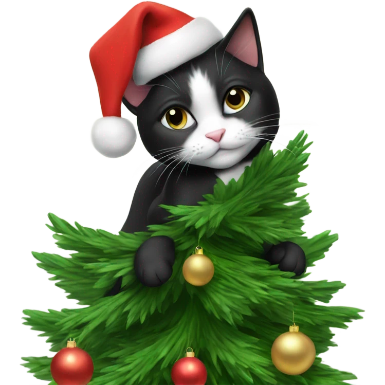 Tuxedo cat climbing Christmas tree emoji