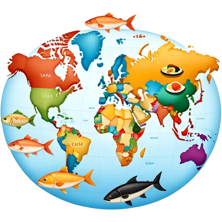 Icon for Culinary Tourism: a world map where the continents are made of various foods, like Fish - North America, sushi - Eurasia, tacos for South America, etc. The icon should represent global culinary exploration and travel. Transparent background. emoji