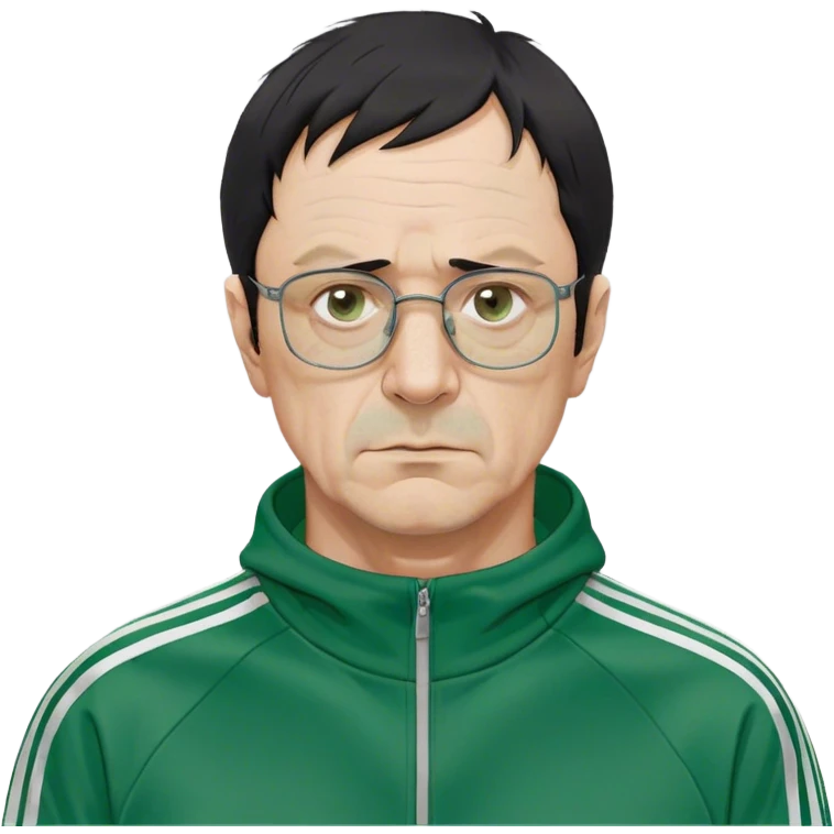 Park Ju-un is a middle-aged man, around 45 years old, green tracksuit, with tired eyes that carry the weight of a lifetime of struggles. His thin-framed glasses sit slightly crooked on his nose, one lens showing a faint crack from an earlier scuffle. His black hair, streaked with strands of gray, is unkempt and damp with sweat.

His face is gaunt, with deep wrinkles lining his forehead and around his mouth, evidence of years of stress and hardship. He wears the standard green Squid Game tracksuit (#369), but his jacket is slightly loose on his thin frame, and the collar is stained with sweat. His hands, slightly calloused from years of office work, tremble as he grips the small needle. emoji