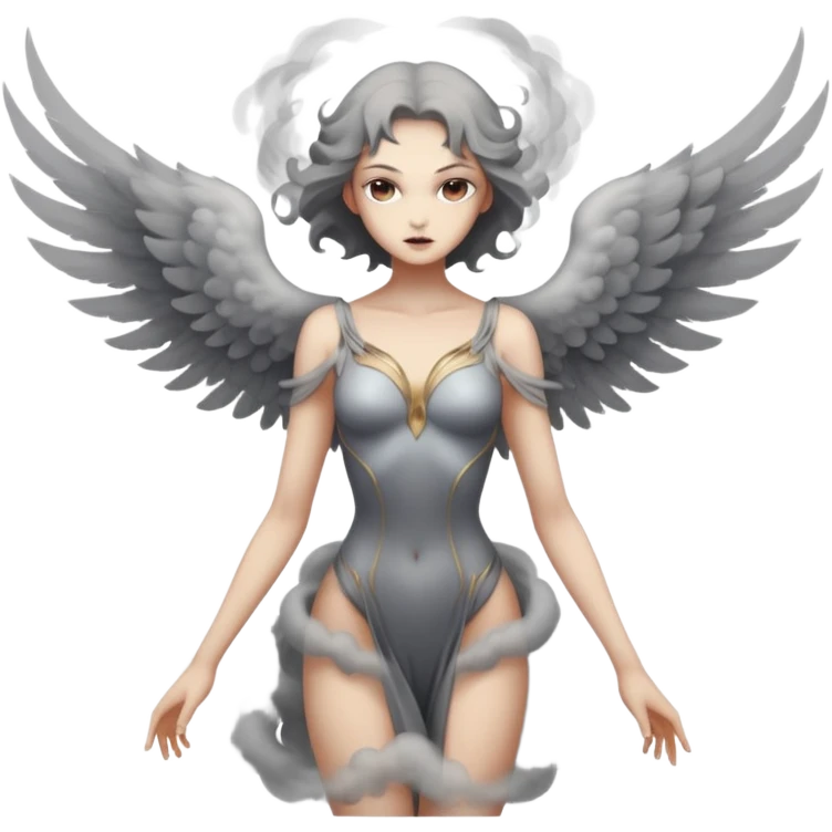 Winged woman standing motionless in smoke, restrained lust, infernal elegance emoji
