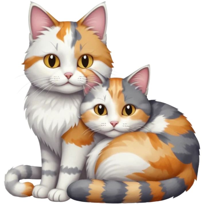 full body colourful light patched calico + white tabby cat cuddling a grey and white cat  emoji