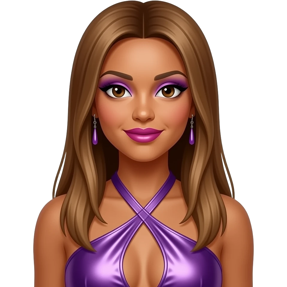 Melody Thornton from The Pussycat Dolls with dark skin, dark brown eyes, long light brown 2000s straight hair, purple eyeshadow, hot pink lipstick, purple metallic halter dress, earrings emoji