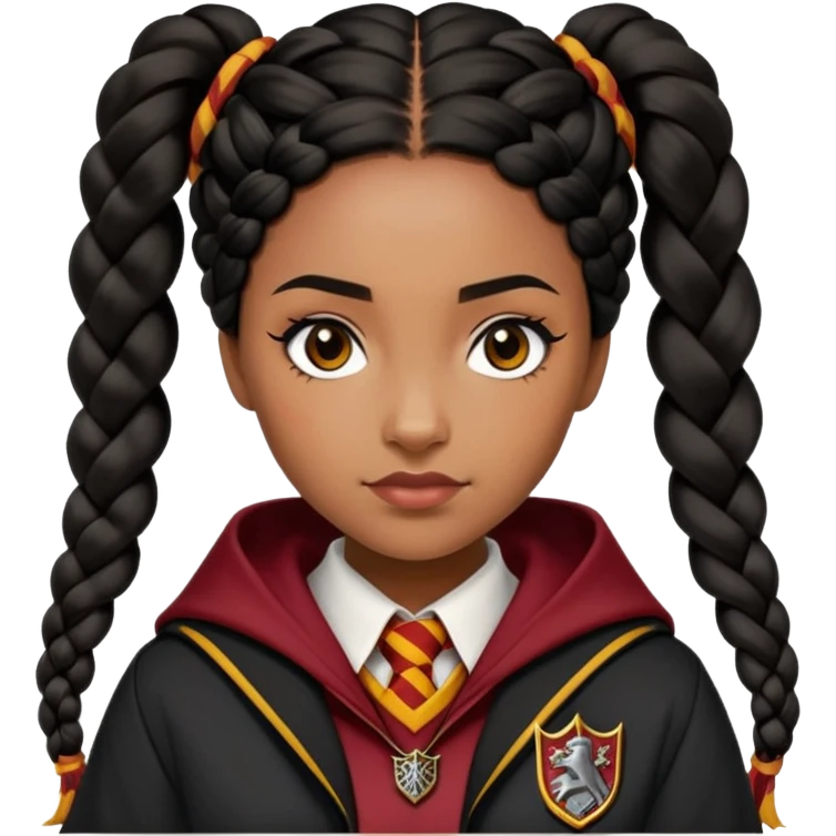 Angelina Johnson in harry potter, wear hogwarts gryfindor uniform,  thick, black hair worn in braids, reflecting her bold, stylish, and strong personality emoji