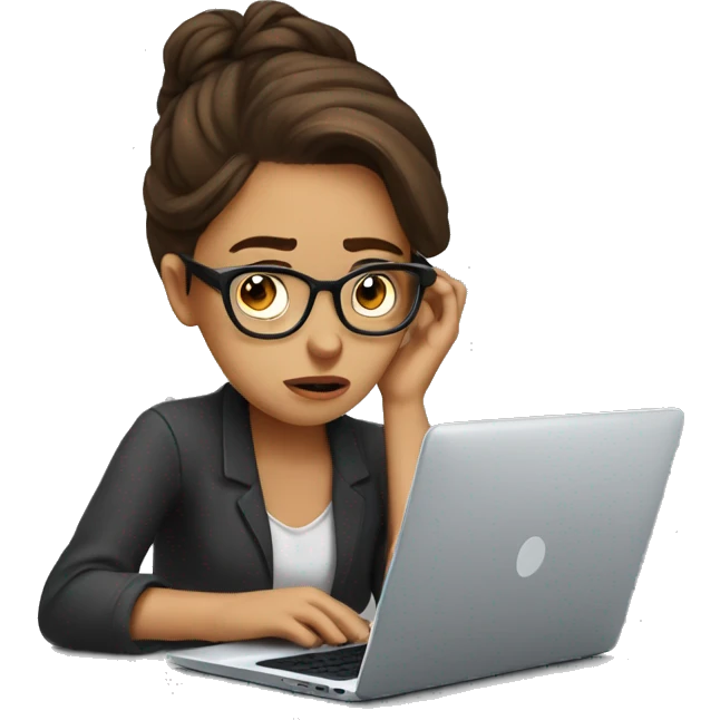 stressed out girl with brown hair and glasses staring at a laptop screen  emoji