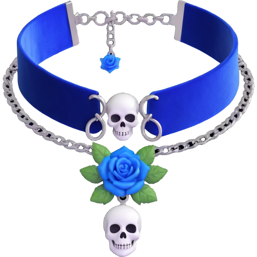 gothic choker with royal blue velvet band, silver skull charm, blue rose centerpiece, glowing white aura effect, dramatic and gothic emoji