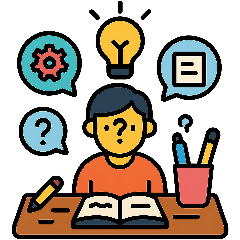 curious person at a desk, surrounded by floating idea bubbles with doodles and notes, glowing light bulb overhead, cozy workspace with creative supplies, color outline icon style, 4:5 aspect ratio emoji