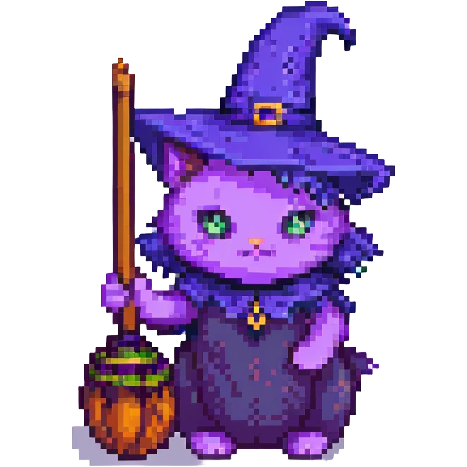 purple witch cat with a broom pixel art emoji