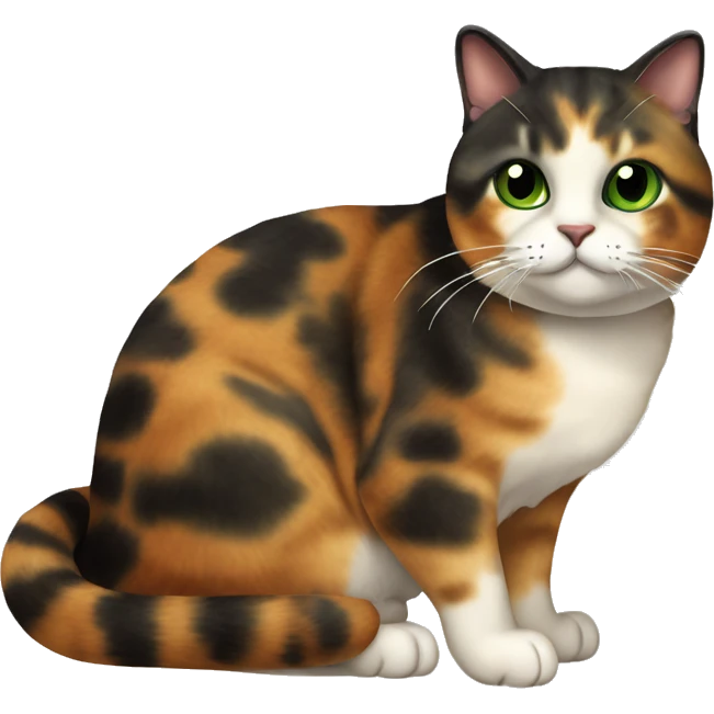 Chubby Tortoiseshell cat, with green eyes, in a loafing position. No white, mainly black with orange patches.  emoji