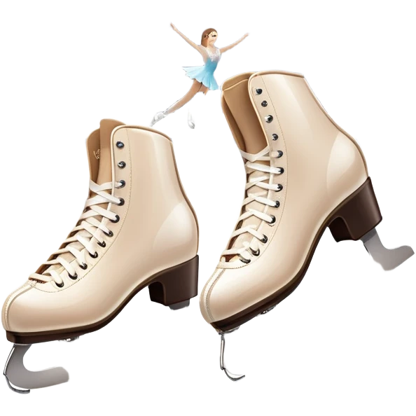 An icon showing elegant figure skates in close-up on a glossy ice surface, with a graceful skater performing in the background. The scene is set inside a grand indoor ice arena with spotlights, decorative banners, and a cheering audience. Transparent background. emoji